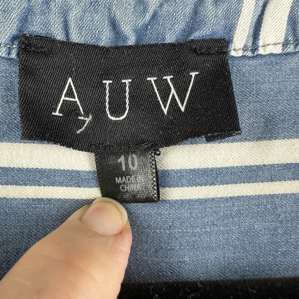 AUW Shirt Dress Women's 10 Blue Striped Chambray Tie Waist Hi Lo Hem - Picture 2 of 10